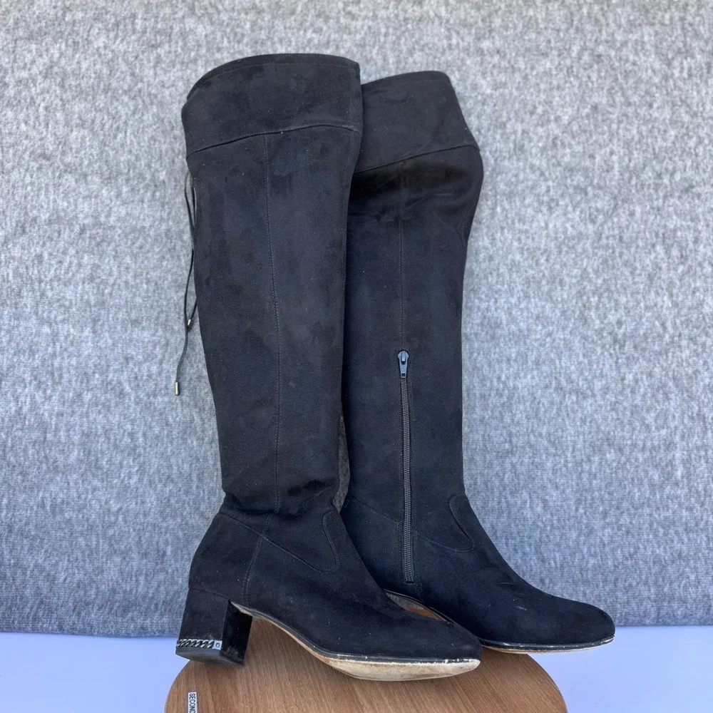 Michael Kors Jaime Black Stretch Over the Knee Boots Chain Accents Mid-Heel Sz 8